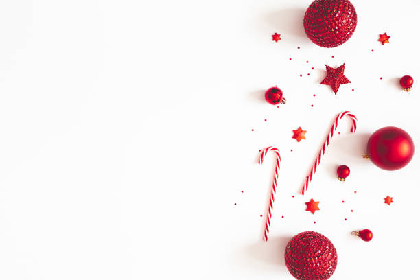 istock Christmas composition. Red decorations on white background. Christmas, winter, new year concept. Flat lay, top view, copy space 1185381580