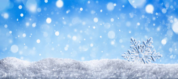 istock Winter snow background with decorative snowflake against blue sky. Banner format. Beautiful wintertime holiday scene. 1185382772