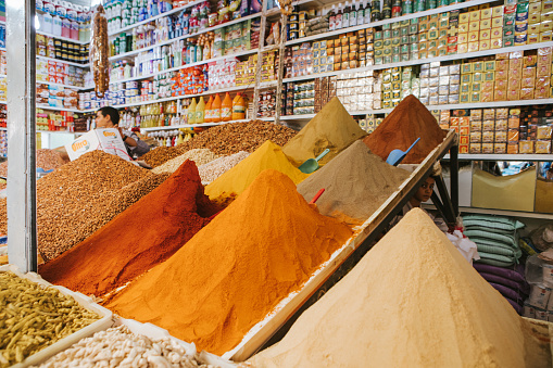 Rissani, Morocco - September 18th, 2019: Traditional stall with spices and herbs, at the food market of Rissani city, Morocco.