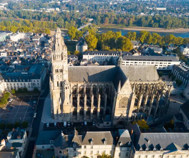 View from drone of Cathedral of St Gatien, Tours, France, on sunrise