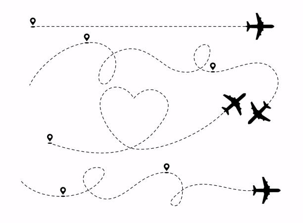 ilustrações de stock, clip art, desenhos animados e ícones de set of planes path with location pins vector illustration. heart dashed line trace and plane routes. - pista de aeroporto