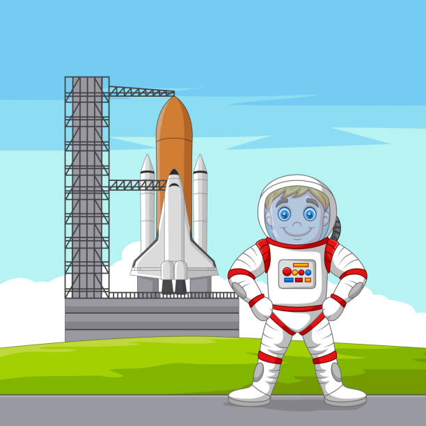 Cartoon astronaut with spaceship ready to launch Vector illustration of Cartoon astronaut with spaceship ready to launch rocket launch platform stock illustrations