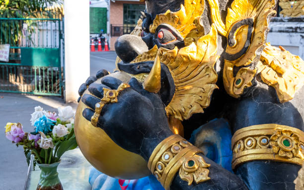 Phra Rahu or celestial monster statute which causes eclipses by eating the moon in Thai's style for blessing in luck and success stock photo