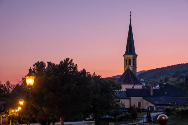 View of parish Orthodox church in the evening at Gumpoldskirchen, Lower Austria, Austria . stock photo