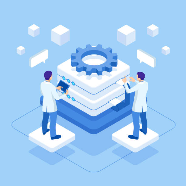 Isometric Server room and big data processing concept. Big data storage and cloud computing computer service business Isometric Server room and big data processing concept. Big data storage and cloud computing computer service business, repair or diagnostics isometric cloud server stock illustrations