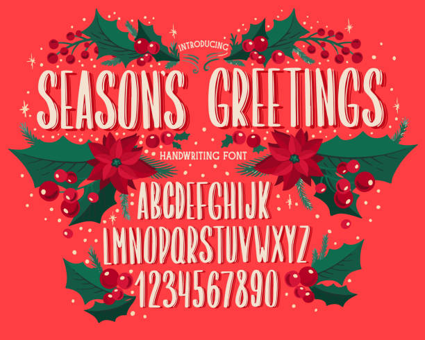 Christmas font. Holiday typography alphabet with festive illustrations and season wishes. vector art illustration