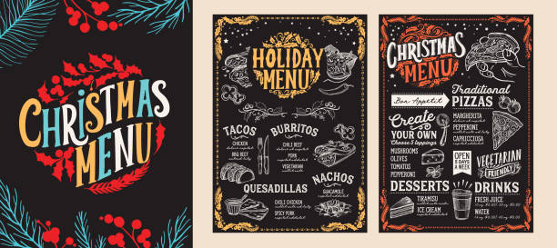 Christmas and New Year food menu template for restaurant. Vector illustration for holiday dinner celebration with hand-drawn lettering. Christmas and New Year food menu template for restaurant on chalkboard background. Vector illustration for holiday celebration. Design background with hand-drawn lettering and festive vintage graphic. breakfast borders stock illustrations