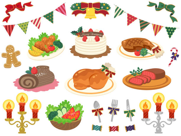 ilustraciones, imágenes clip art, dibujos animados e iconos de stock de navidad varios platos conjunto de ilustración - roast chicken illustrations