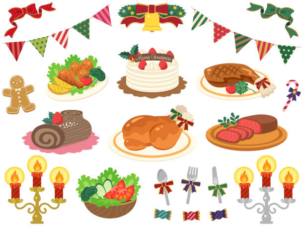 ilustrações de stock, clip art, desenhos animados e ícones de christmas various dishes illustration set - roast beef illustrations