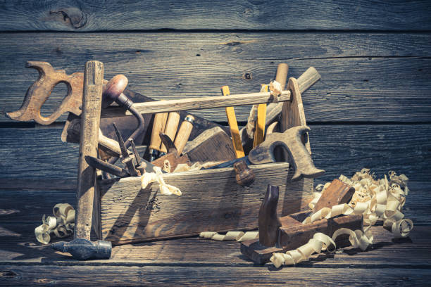 istock Old joinery tool box in rustic wooden shed 1185392023