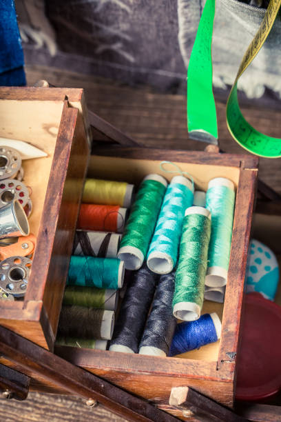 istock Colorful threads and needles vintage wooden box 1185392102