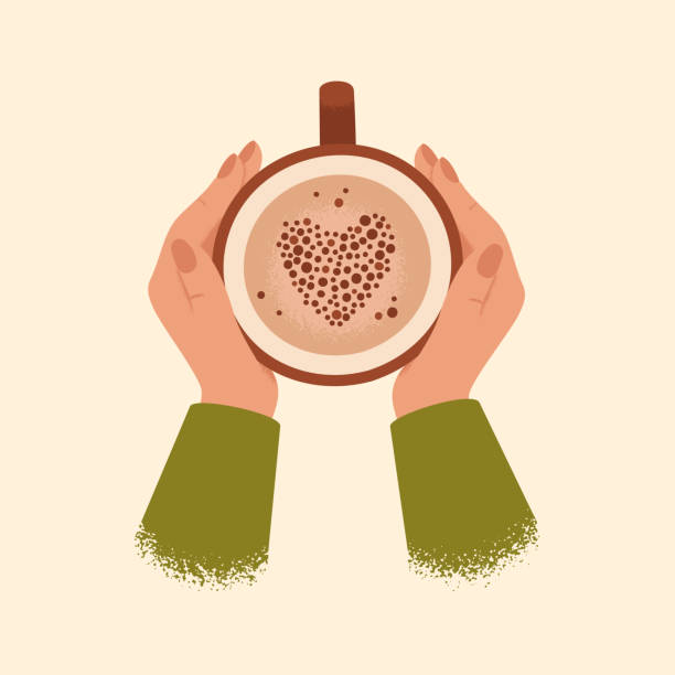 Female hands holding cup of coffee isolated from background. Female hands holding cup of coffee isolated from background. Winter and autumn cozy concept with cocoa in big mug. Vector illustration mug illustrations stock illustrations