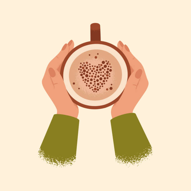 Female hands holding cup of coffee isolated from background. Female hands holding cup of coffee isolated from background. Winter and autumn cozy concept with cocoa in big mug. Vector illustration winter food top view stock illustrations