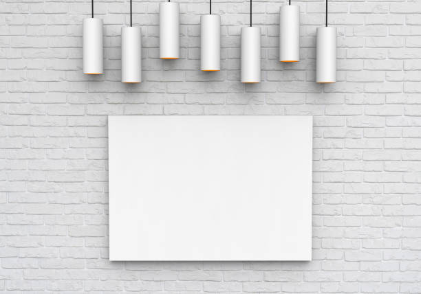 istock Poster mock up on brick wall with ceiling lamps, ready for design presentation, 3d illustration 1185392321