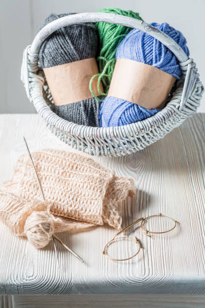 istock White bakset with knitted scarf made by grandma 1185392399