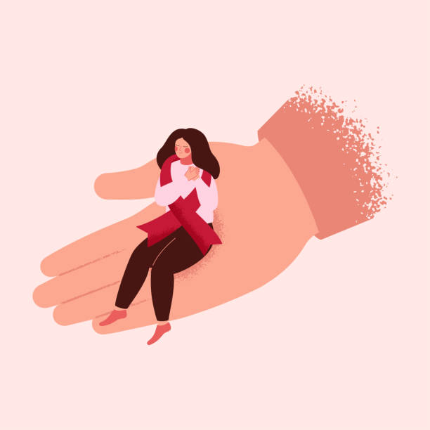 ilustraciones, imágenes clip art, dibujos animados e iconos de stock de la mano humana ayuda a una chica enferma con cinta roja. - cáncer de mama ilustraciones