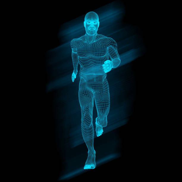 3D render of a male figure in running pose with wireframe design