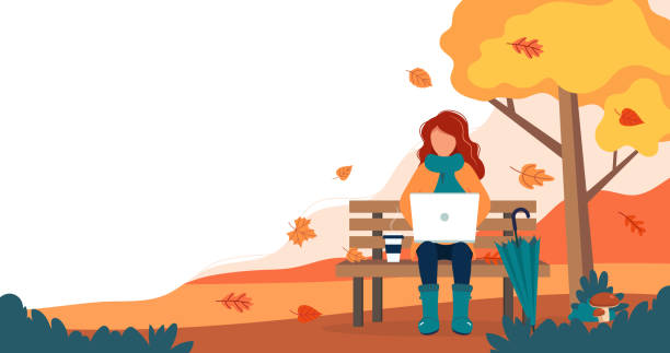 stockillustraties, clipart, cartoons en iconen met meisje met laptop zittend op bank in de herfst. leuke vector illustratie in platte stijl. - herfst nederland