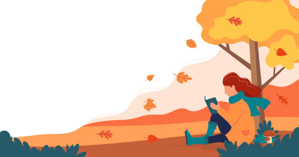 ilustrações de stock, clip art, desenhos animados e ícones de woman sitting with book under the tree in autumn. vector illustration in flat style - adult autumn backgrounds beauty