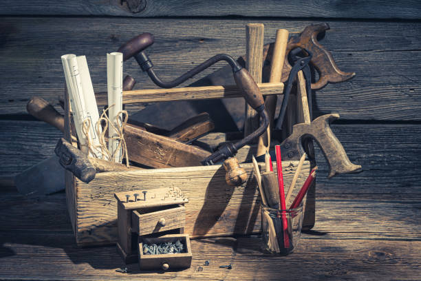 istock Closeup of carpenter working tools in a workshop 1185394365