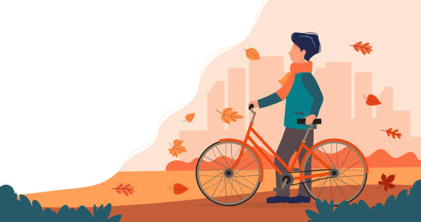 stockillustraties, clipart, cartoons en iconen met man met een fiets in de herfst. leuke vector illustratie in platte stijl. - herfst nederland