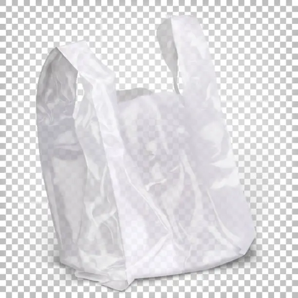 Vector illustration of Plastic bag of white transparent color standing on the surface. Vector 3d realistic illustration isolated on white background