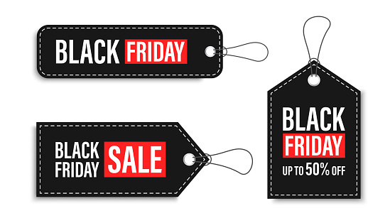 Black Friday sales tags and labels, template shopping labels. Blank, discount and price tags on paper. Special offer. Black Friday. Vintage. Big set. Vector illustration