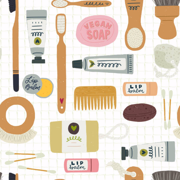 Zero waste bathroom essentials seamless pattern Seamless pattern of bath accessories for washing and selfcare on the background of quad ruled notebook sheet. Zero waste set of bathroom essentials. Eco product design for shops, store, site. vector quadrille to stock illustrations