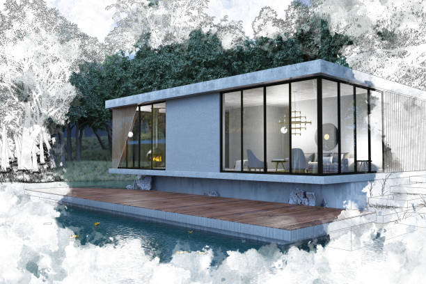 istock Half Drawing Sketch Modern Lake House 1185395908
