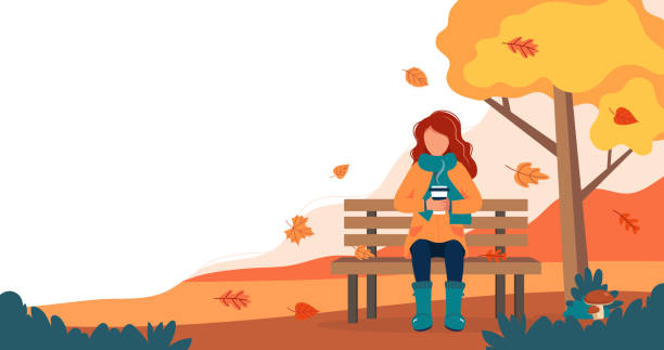 stockillustraties, clipart, cartoons en iconen met meisje met koffie zittend op bankje in de herfst. leuke vector illustratie in platte stijl. - herfst nederland