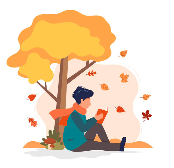 stockillustraties, clipart, cartoons en iconen met man zitten met boek onder de boom in de herfst. vector illustratie in platte stijl - herfst nederland