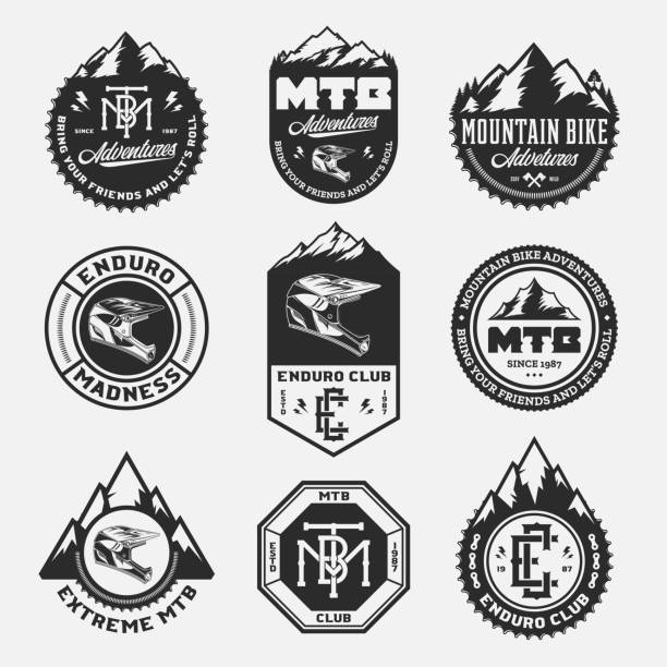 Vector mountain bike logo Vector mountain biking adventures, parks, clubs logo, badges and icons. Enduro, downhill, cross  country biking illustration mountain bike stock illustrations