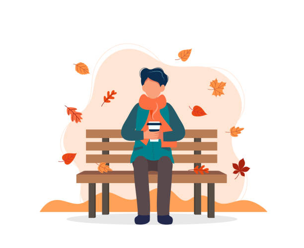 stockillustraties, clipart, cartoons en iconen met man zittend op bankje in de herfst met koffie. vector illustratie in platte stijl - herfst nederland