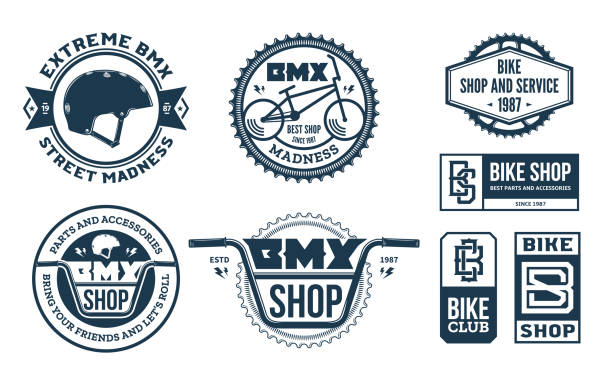 illustrazioni stock, clip art, cartoni animati e icone di tendenza di negozio di biciclette bmx, logo di servizio e club - bmx cycling