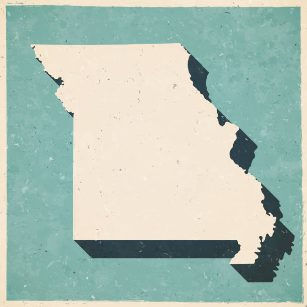 Map of Missouri in a trendy vintage style. Beautiful retro illustration with old textured paper and a black long shadow (colors used: blue, green, beige and black). Vector Illustration (EPS10, well layered and grouped). Easy to edit, manipulate, resize or colorize.