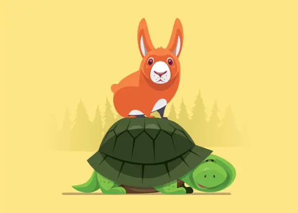 Vector illustration of hare standing on tortoise shell