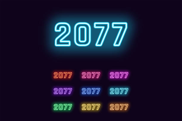 istock Neon number 2077, Cyberpunk digits in different Monochrome colors. Set of glowing year 2077 in Neon 1185403997