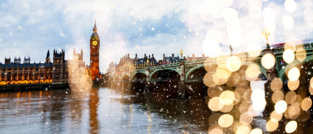 istock holiday lights and snowfall in London 1185404125