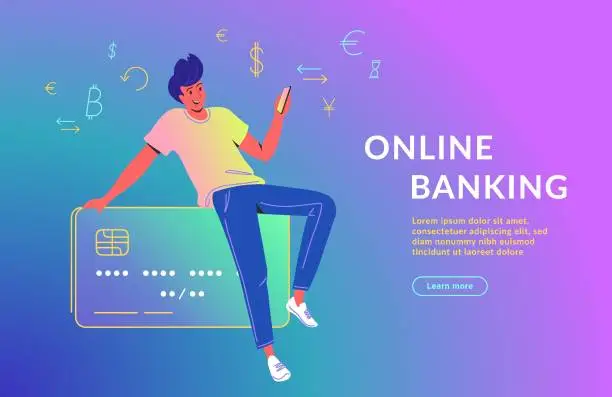 Vector illustration of Man using mobile app for online banking