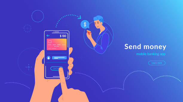 モバイルバンキングと電子財布アプリを介してクレジットカードからお金を送信 - digital wallet点のイラスト素材／クリップアート素材／マンガ素材／アイコン素材