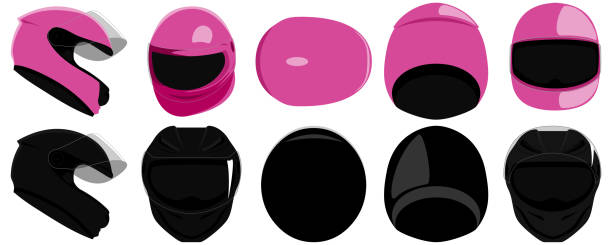 Set of full face integral type of motorcycle helmets with clear visor side, top, back, front view isolated vector illustration Set of full face integral type of motorcycle helmets with clear polycarbonate face shield side, top, back, front view isolated on white vector illustration integral stock illustrations