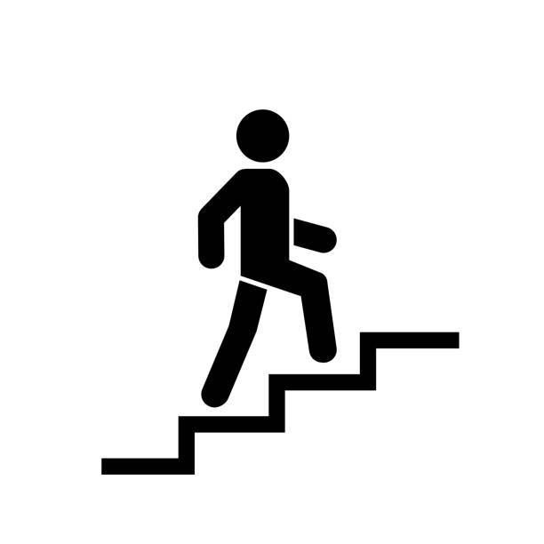 上階のアイコンサイン。階段で男を歩きなさい。キャリアシンボル。フラットなデザイン。ベクターの図。 - 段点のイラスト素材／クリップアート素材／マンガ素材／アイコン素材