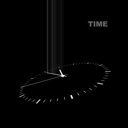 white clock on a black background with a perspective and a luminous minute arrow