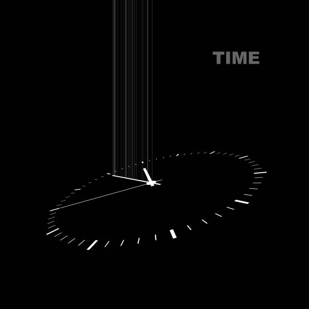 white clock on a black background with a perspective and a luminous minute arrow white clock on a black background with a perspective and a luminous minute arrow time designs stock illustrations