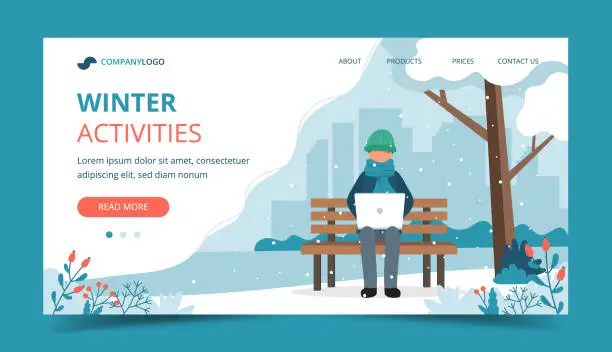 Vector illustration of Man sitting on bench in winter with laptop. Landing page template. Cute vector illustration in flat style