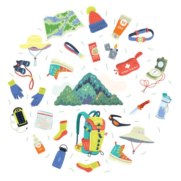 Complex vector illustration of hiking or touristic equipment. Circle shape. Mountain.   Flat cartoon handdrawn style. vector art illustration