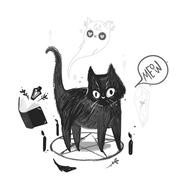 Vector illustration of black cat in a magic circle with a pentagram. Candles magic ritual levitation book, crystal with plant. The spirit of a white cat soars with hearts in his eyes, the moon on his face. Fashionable print
