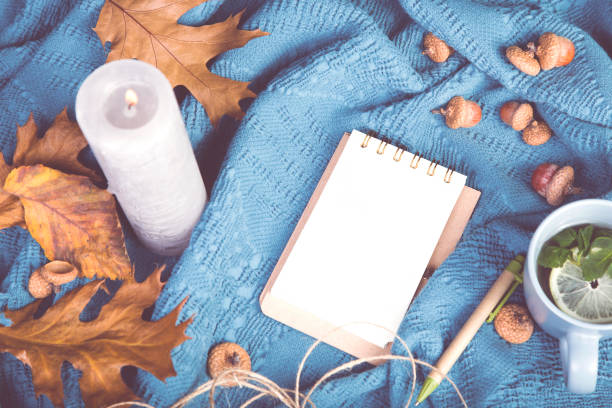 istock Notebook with pen and cup of tea 1185408295
