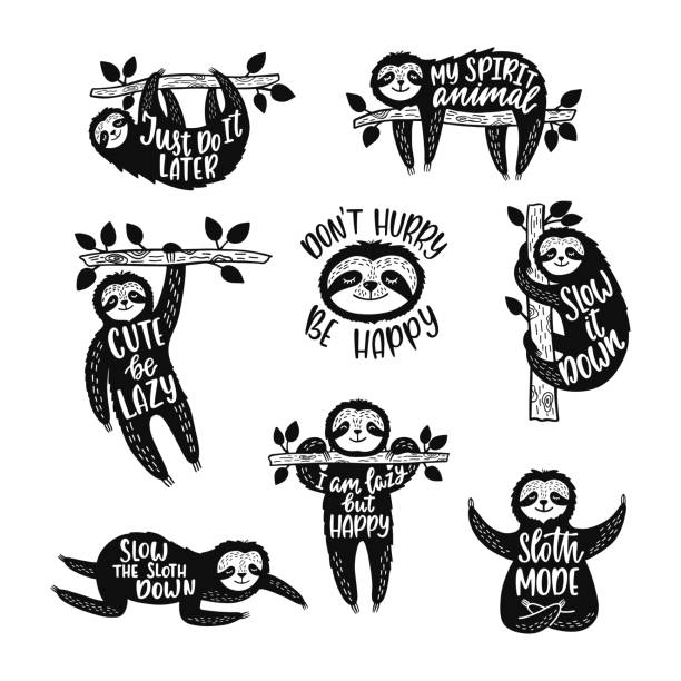 Set of sketch cartoon slothes with inspirational quotes. Set of sketch cartoon slothes with inspirational quotes. Hand drawn cute doodle vector illustrations. Positive animal typography designs for print, poster, tee shirt, wall art. lazy stock illustrations