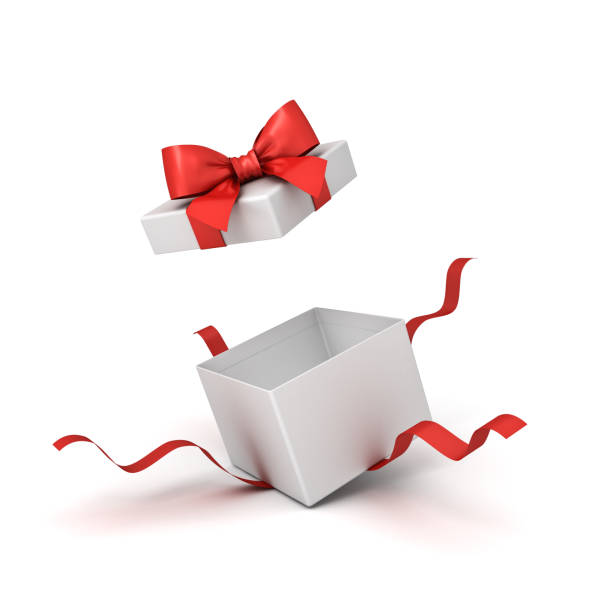 istock Blank open white present box or gift box with red ribbons and bow isolated on white background with shadow 1185409904